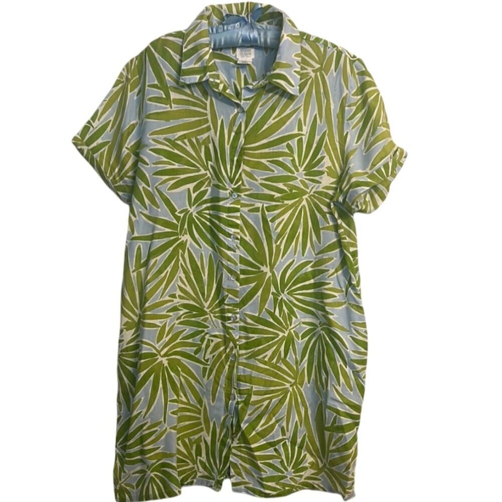 Sigrid Olsen 100% Linen Tropical Palm Shirt Dress Short Sleeve Green XL